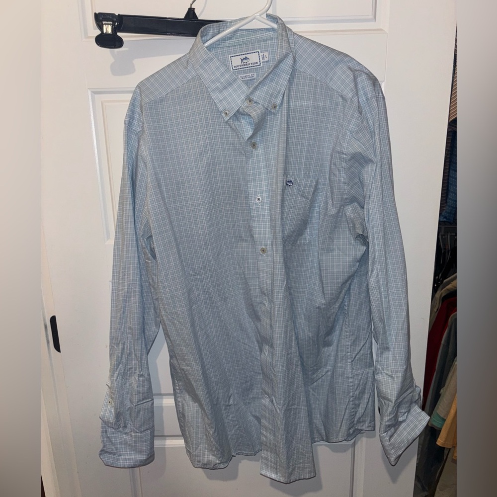 Men’s Southern Tide blue checkered button down collared shirt